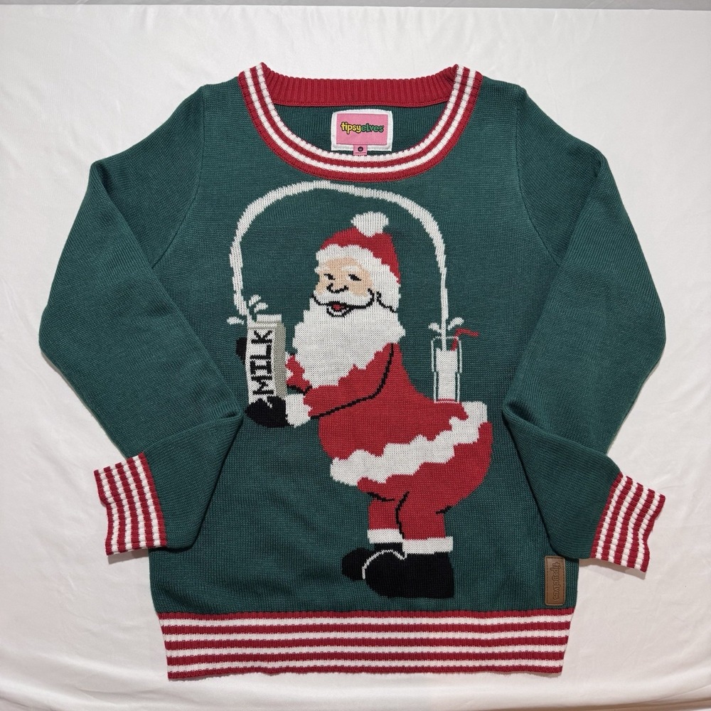 Tipsy Elves Ugly Christmas Sweater Santa Milk Big Butt Booty Phat Womens Size M